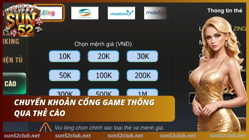 Nạp tiền Sun52 dành cho tân thủ thông qua thẻ cào